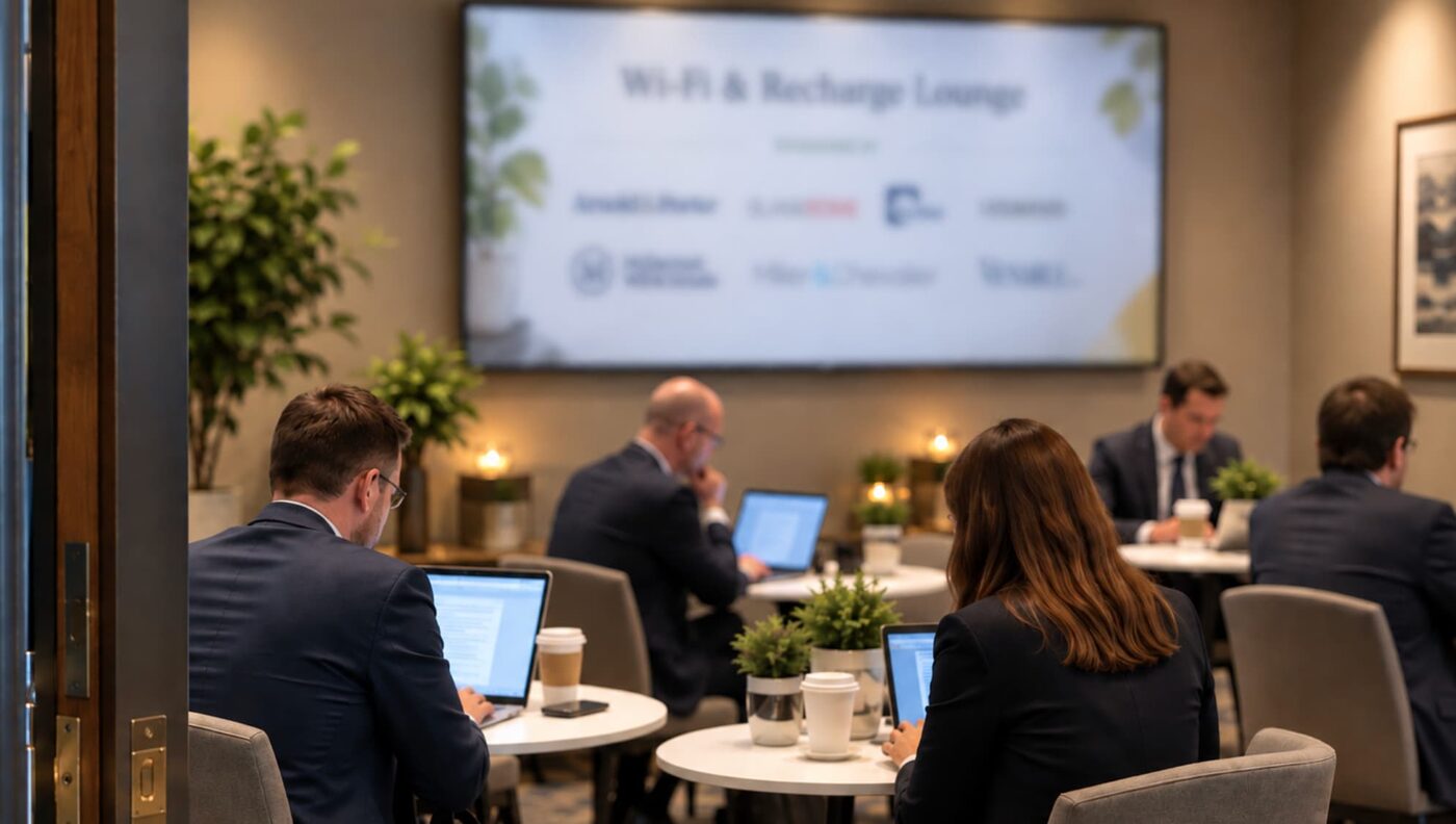 Attendees working on laptops in the Wi-Fi & Recharge Lounge at the Pub K Annual Review